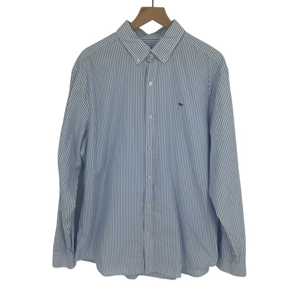 Vineyard Vines Whale Shirt Button Down Dress XL Blue White‎ Stripe Work Cotton